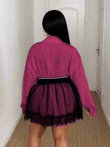 Maweii Conjunto de 2 piezas de blusa y falda de malla de talla grande - Rosa Fucsia - Ver 2