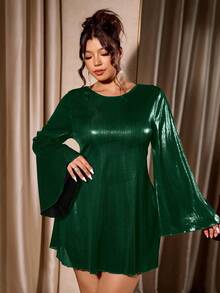 Cravure 大码女装春秋新款，魅力时尚性感圆领纯色喇叭袖镂空系带亮面A字迷你裙，适合派对、正式晚宴、约会、鸡尾酒会等场合。 - 綠色 - 查看 4