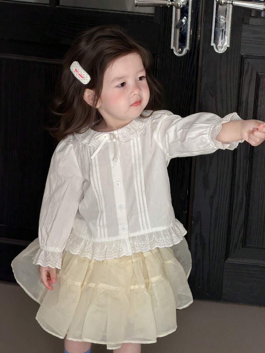 DAZY 女童荷叶边长袖韩版上衣，春秋季 - 白色 - 查看 1