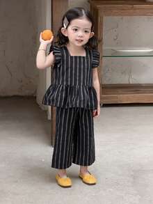 DAZY 2pcs Baby Girls' Striped Ruffle Trim Sleeveless Shirt And Pants Set Toddler Girls Clothes - Light Grey - View 9