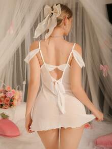 DelicateAllure 女士露肩吊带网纱蕾丝拼接迷你睡裙 - 白色 - 查看 2