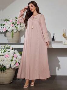 Al Najma V-Neck Drawstring Flare Sleeve Embroidered Patchwork Dress, Spring/Autumn - Pink - View 8