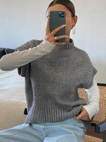 DAZY Chaleco de punto de cuello redondo con ajuste holgado y sin mangas - Gris - Ver 1