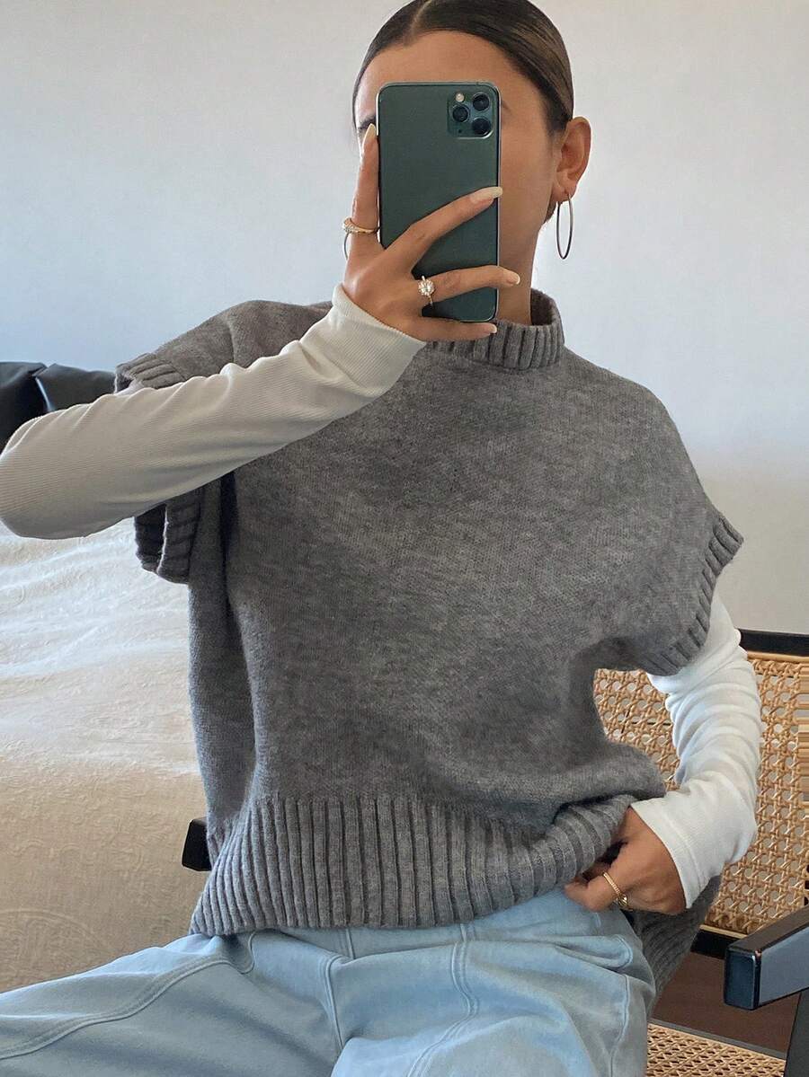 DAZY Chaleco de punto de cuello redondo con ajuste holgado y sin mangas - Gris - Ver 1