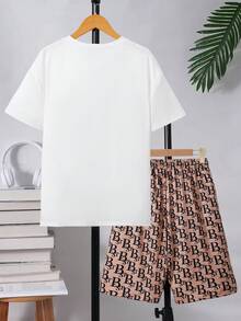 2 buc/set adolescent băiat litere imprimare guler rotund mânecă scurtă buzunar tricou și pantaloni scurți ținută casual - Gri - Vizualizare 2