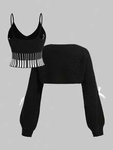 ROMWE Kawaii Bộ áo len cardigan dệt kim họa tiết nốt nhạc và phím đàn piano Y2K cổ điển cỡ lớn - màu đen - Xem 9