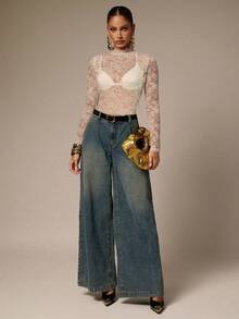 Silquee Bộ đồ liền thân ren hoa cổ đứng tay dài gợi cảm cho nữ - Màu be - Xem 6