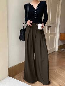 Dazy Tall Women's Casual Loose Wide Leg Pants, Solid Color - Coffee Brown - View 2