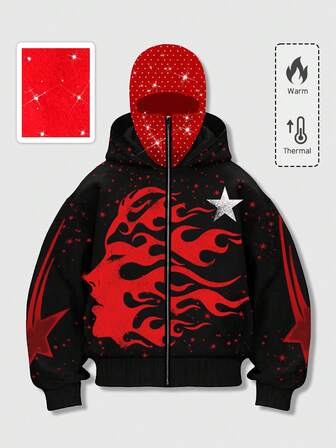 Goth Sweat-shirt-shirt à capuche zippé doublé thermique avec imprimé de figure de flamme sombre et d'étoile, style automne/hiver pour hommes