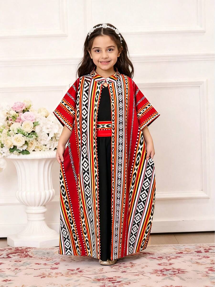Bohemian Style Geometric Print Shawl & Dress Set, Comfortable Casual Holiday/Festival Outfit For Young Girls Kids Arabic Dress - Black - View 1