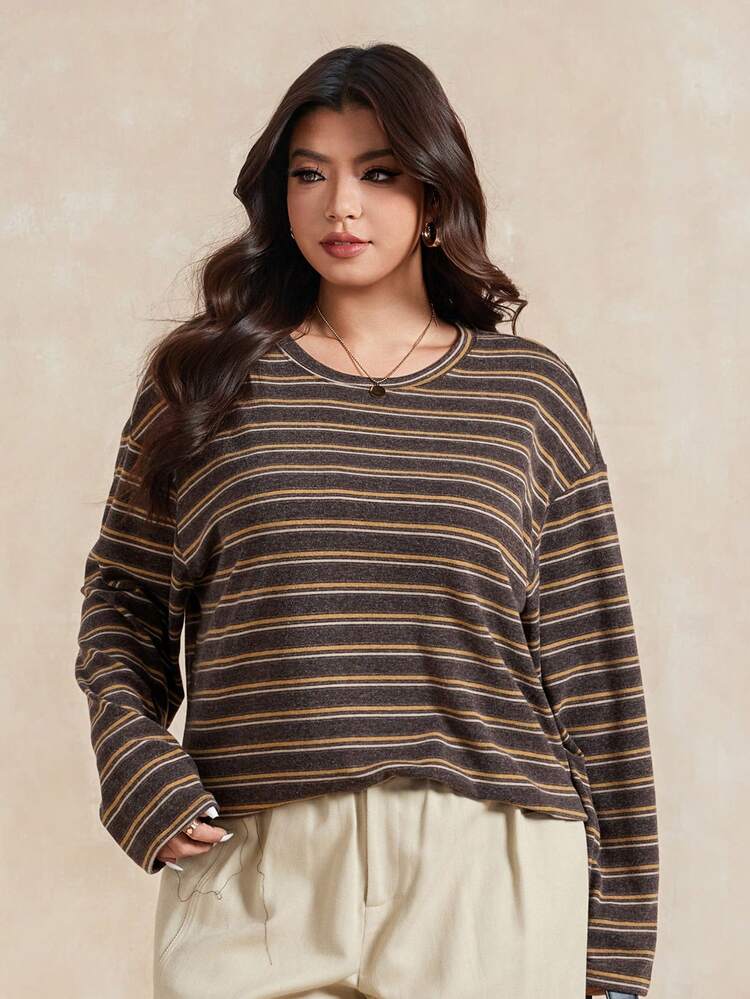 Dazy Plus Casual Striped Loose Plus Size Crew Neck Street Style T-Shirt For Plus Size Women