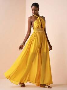 Zivah 2026 Spring/Summer New Music Festival, Easter, St. Patrick's Day, Valentine's Day, Date, Western, Nomadic, Birthday Party, Graduation, College, Student, Casual, Daily, Basic, Leisure, Vacation, Cruise, Beach, Sunbathing, Viral Hit, Streetwear, Wedding Guest, Boho, Commute, Brunch, Airport, Party, Holiday, Office, Halter Neck Tie Sleeveless Long A-Line Waist Cinched Flowy Yellow Chiffon Dress - Yellow - View 5