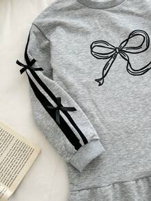 SHEIN 少女优雅3D蝴蝶结装饰长袖公主裙 - 灰色 - 查看 6