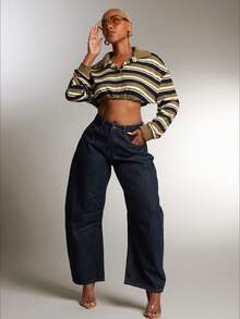 Denimoi 休闲街头风纽扣口袋阔腿女式牛仔裤 - 深色水洗藍 - 查看 2