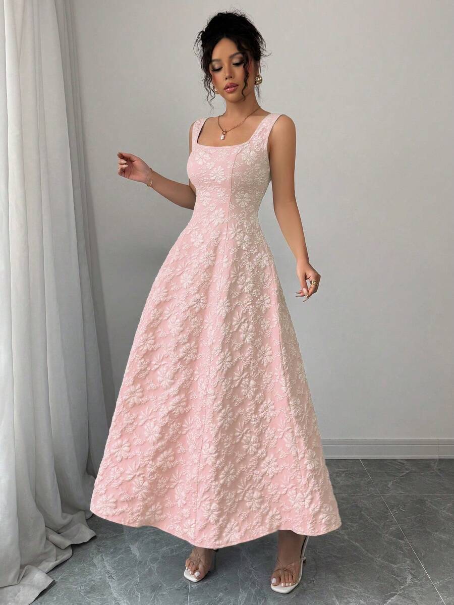 Vestido elegante vintage de cuello cuadrado con estampado jacquard para mujer,Diseño sin mangas,Vestido con relieve floral,Vestido elegante para mujer - Rosa - Ver 1
