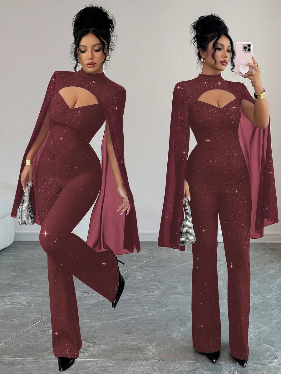SHEIN Elenzya جمبسوت نسائية ذات ياقة عالية وظهر مكشوف مزينة بالبريق للحفلات - أحمر بنفسجي - مشاهدة 1