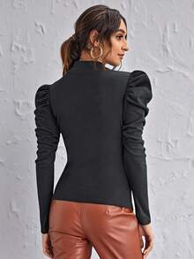 SHEIN Clasi Mock-Neck Gigot Sleeve Top Black Top - Grey - View 2