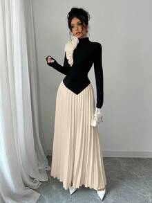 Selianne Asymmetrical Pleated Colorblock 3D Flower Decor Ladies Dress Fall Cloth For Women - Apricot - View 3