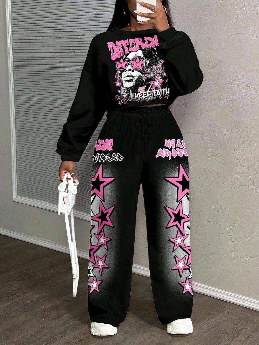 Slaydiva 大码休闲人体印花卫衣和运动裤两件套，秋冬款 - 彩色 - 查看 1