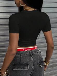 Rovax Women's Casual Fitted Short Sleeve Cropped Round Neck T-Shirt, Summer - Black - View 2