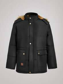 Officeau Men's Winter Padded Coat, Thermal Lined, Thickened Padded Coat With Fur Collar And Hooded Zipper - Black - View 6