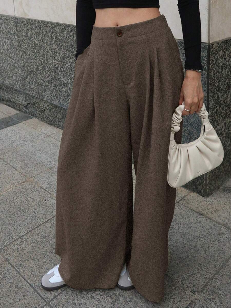 DAZY Quần ống rộng dáng rộng có túi và cạp chun cho nữ, màu trơn - màu nâu - Xem 1