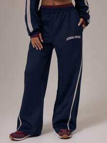 Musera Sport Quần jogger ống rộng cạp trung bình in khẩu hiệu, chỉ bao gồm phần dưới, trang phục thể thao mùa đông, tập gym, tập luyện, chất liệu hợp kim. - Màu xanh hải quân - Xem 2