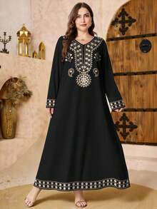 SHEIN Najma Đầm maxi họa tiết hoa hạt điều và hình học cỡ lớn dành cho nữ, cổ chữ V, tay dài, phong cách Ả Rập thanh lịch, mùa xuân - Nhiều màu - Xem 3
