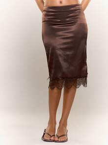 MUSERA Chân váy midi cạp thấp bằng satin viền ren, kiểu dáng suông, thích hợp đi chơi, dạo phố, dễ thương, gợi cảm, dự tiệc đêm, mát mẻ mùa hè. - Cà phê nâu - Xem 2