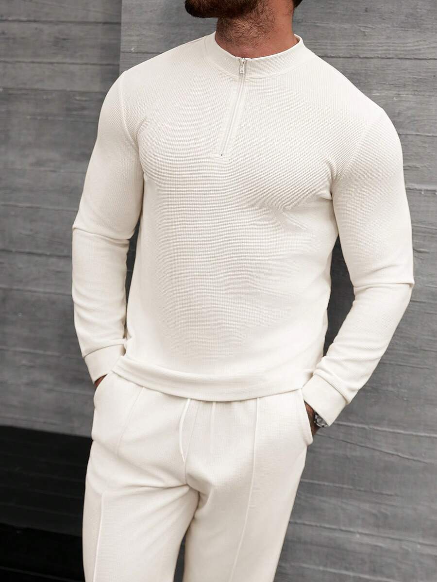 Manfinity CasualCool Bộ đồ nam gồm áo dài tay cổ kéo khóa nửa thân và quần dài màu kem trơn, kiểu dáng thường ngày, 2 món. - Màu be - Xem 1