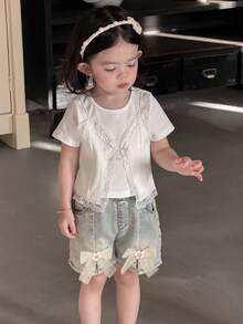 DAZY 女婴圆领二合一蕾丝拼接短袖上衣 春夏幼儿女童服装 - 白色 - 查看 3