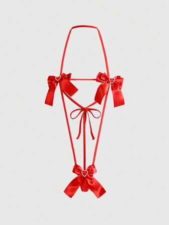 Kawaii Sexy Bowknot Heart Rhinestone Hollow Lace-Up Bodysuit For Women