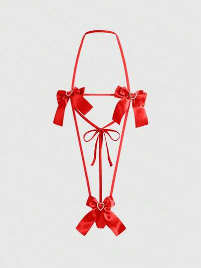 Kawaii Sexy Bowknot Heart Rhinestone Hollow Lace-Up Bodysuit For Women