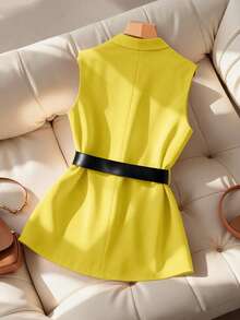 SHEIN PETITE Petite Women Minimalist Commuter Sleeveless Vest Blazer - Yellow - View 2