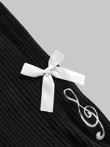 ROMWE Kawaii Bộ áo len cardigan dệt kim họa tiết nốt nhạc và phím đàn piano Y2K cổ điển cỡ lớn - màu đen - Xem 4