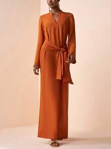 Zivah 2026 Spring/Summer New Music Festival Casual Vacation Commute Style V-Neck Flare Sleeve Waist Tie Loose New Chinese Style Long Linen Dress - Brown - View 4