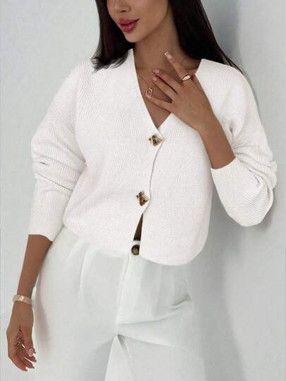 Aloruh New Simple And Fashionable Office Commuting Deep V Neck Long Sleeve Slim Button Cardigan, Versatile Casual Knitted Sweater In Fall/Winter