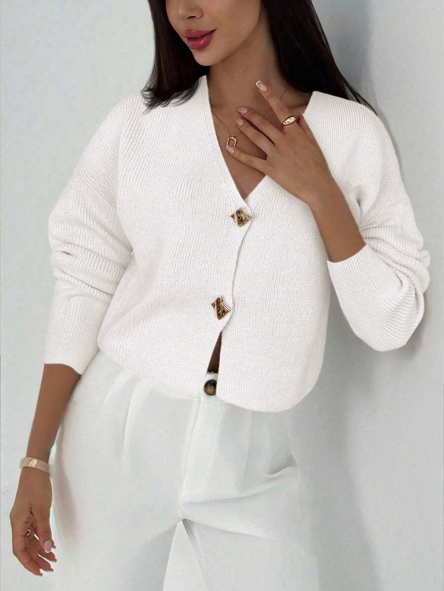 Aloruh New Simple And Fashionable Office Commuting Deep V Neck Long Sleeve Slim Button Cardigan, Versatile Casual Knitted Sweater In Fall/Winter - White - View 1