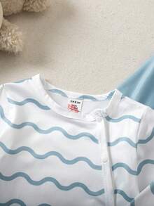 Newborn Baby Boy 2-Piece Knit Crew Neck Long Sleeve Top And Pants Set, Solid Blue Wavy Stripe, Casual Vacation Loungewear, Spring/Summer/Autumn/Winter