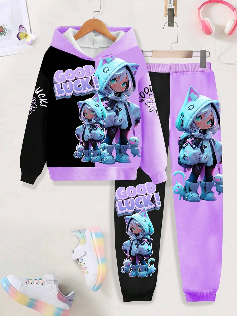 Sparklyn Bộ đồ hoodie in hình cô gái may mắn hoạt hình thời trang phong cách đường phố giản dị phù hợp mặc đi học, thể thao, hoạt động ngoài trời cho bé gái - màu đen - Xem 1