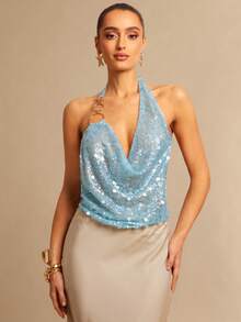 Silquee 女士时尚性感亮片露背吊带背心，夏季 - 藍色 - 查看 7