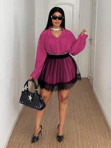 Maweii Conjunto de 2 piezas de blusa y falda de malla de talla grande - Rosa Fucsia - Ver 6