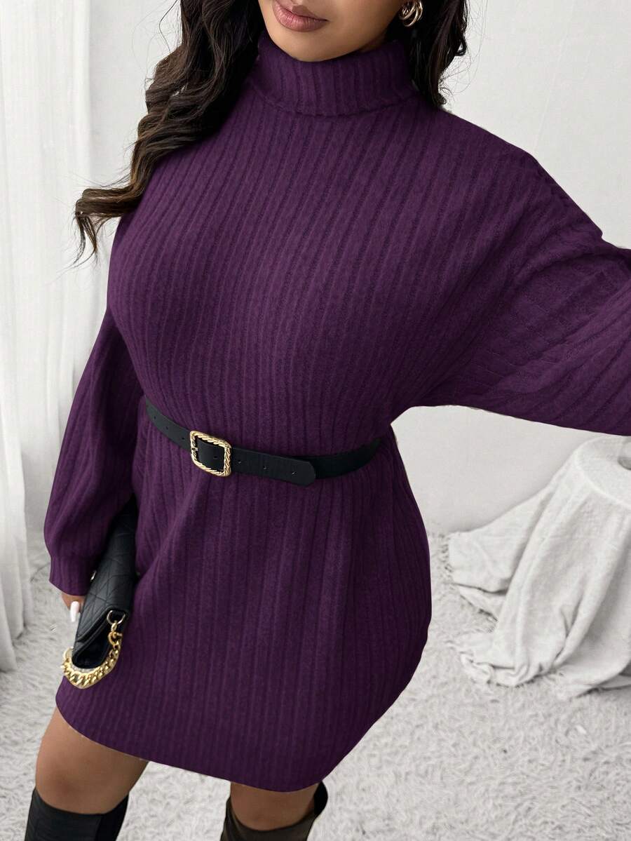 SHEIN Frenchy Casual Minimalist Turtleneck Ribbed Brushed Dress, Plus Size, Suitable For Leisure And Home, Autumn/Winter - Red Violet - View 1