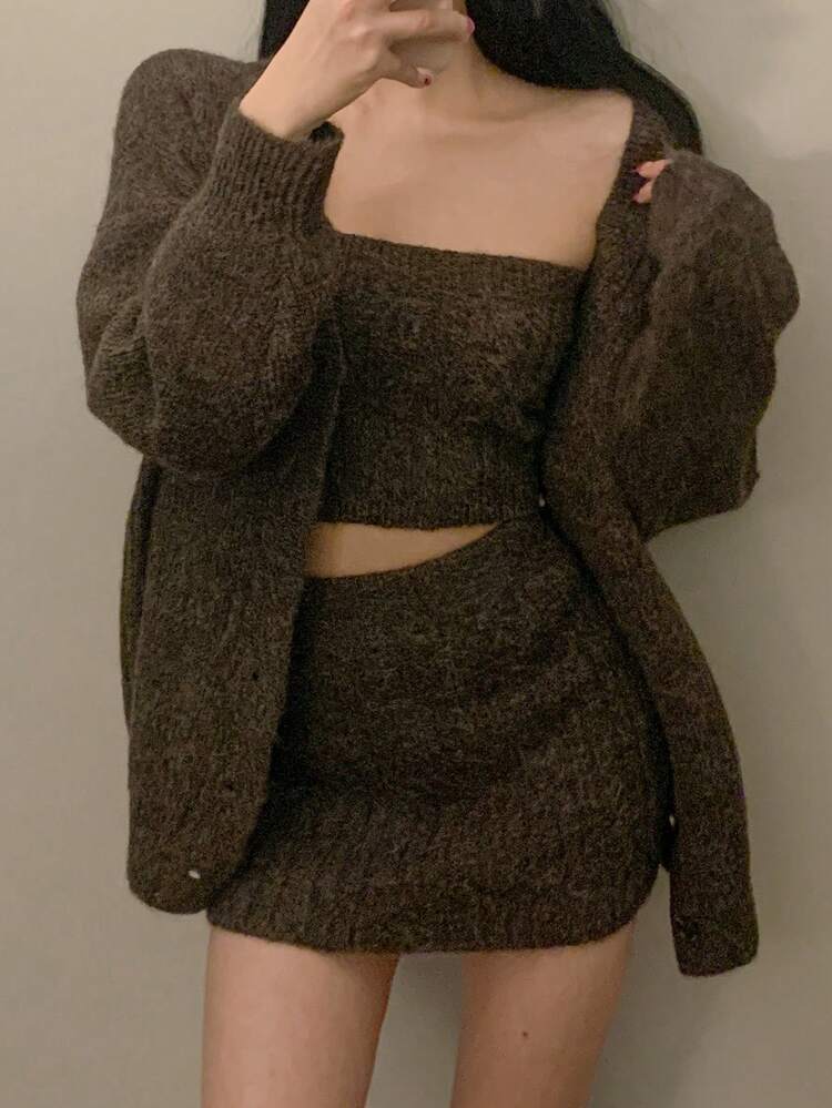 3pcs Women Set: Solid Color Tube Top, Casual Knitted Cardigan, And Korean Style Pleated Skirt