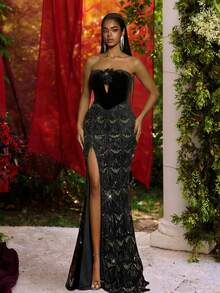 Glamrae 极简主义千禧名媛风露肩手工羽毛3D花朵连衣裙，收腰设计，高开衩，流苏下摆，线性纹理美人鱼廓形，适合晚宴、派对、展览、商务活动及其他场合。 - 黑色 - 查看 1