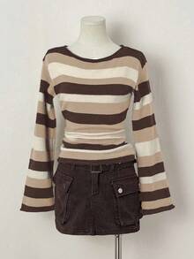 EgrlEra Women's Casual Colorblock Striped Flare Sleeve Sweater, Autumn - Multicolor - View 3