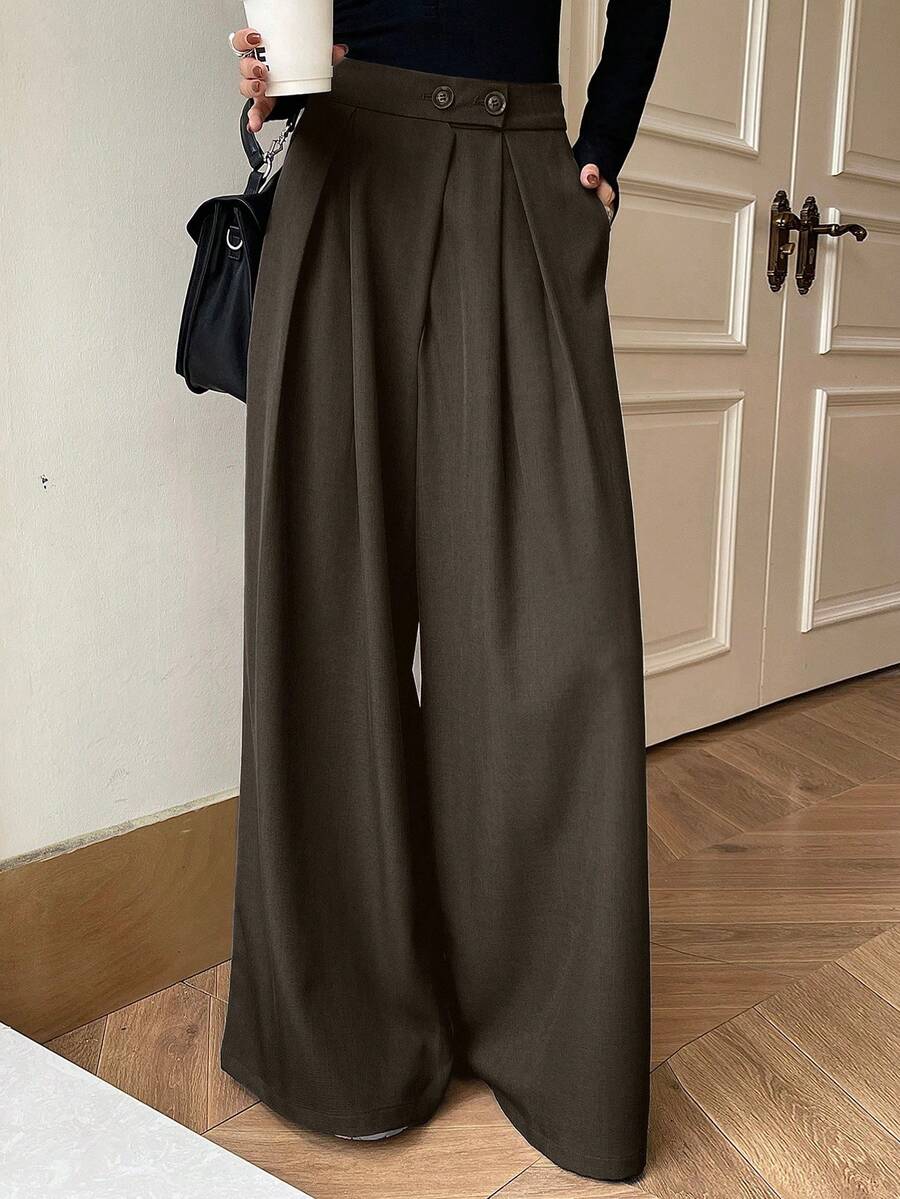 Dazy Tall Women's Casual Loose Wide Leg Pants, Solid Color - Coffee Brown - View 1