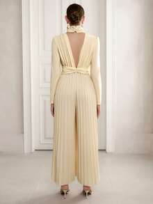 SHEIN Elenzya Elegante y romántico mono de mujer de manga larga, cuello redondo, cintura fruncida y pierna plisada, casual para ir al trabajo y salir - Albaricoque - Ver 2