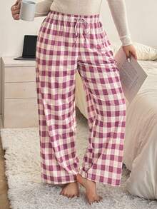 Dazy Plus Fashionable Plaid Elastic Waist Drawstring Loose Wide Leg Pajama Bottoms - Red and White - View 6