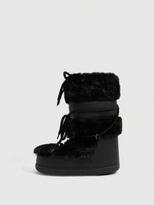 CUCCOO SZL Women Shoes Autumn And Winter New Warm Inner Height Increase Comfortable Bow Straps Moon Boots Round Toe Flat Bottom Casual Hot Girl Wind Fluff Black Snow Boots Outside Wear Snow Women - Black - View 6